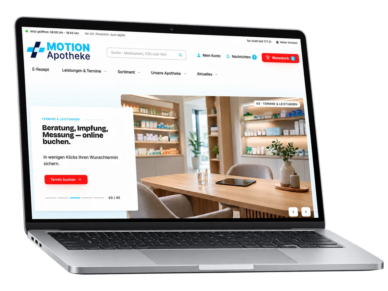 Website mit Shop einer Musterapotheke auf dem Laptop